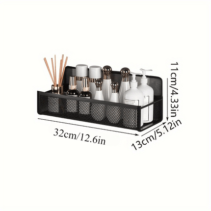 Wrought Iron Bathroom Storage Basket, Wall-Mounted Self-Adhesive Toothbrush Holder, Cosmetic & Condiment Shower Shelves, Kitchen & Bathroom Decorative Accessories/ BLACK.