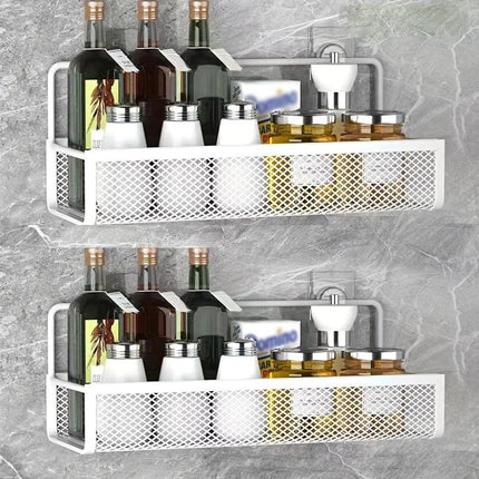 Wrought Iron Bathroom Storage Basket, Wall-Mounted Self-Adhesive Toothbrush Holder, Cosmetic & Condiment Shower Shelves, Kitchen & Bathroom Decorative Accessories/ BLACK.