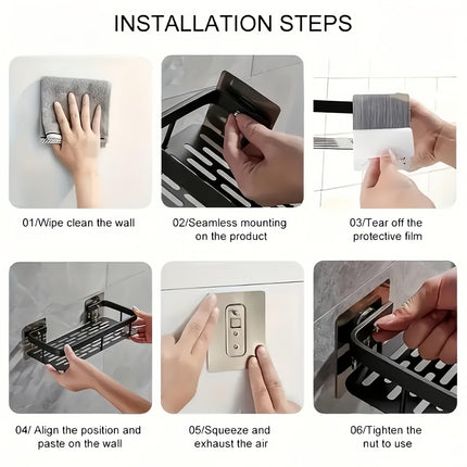 Wall-Mounted Shower Caddy: Large-Capacity, No-Drill Floating Shelf for Bathroom & Kitchen - Space-Saving & Easy to Install.