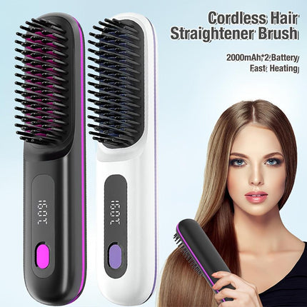 Cordless Hair Straightener Brush: Dual 2000mAh batteries for long-lasting power, fast heating, creates smooth styles anytime, anywhere.(Black).