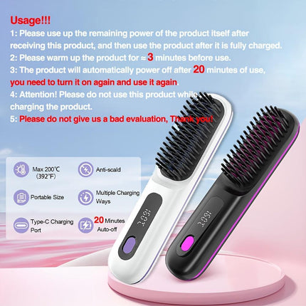 Cordless Hair Straightener Brush: Dual 2000mAh batteries for long-lasting power, fast heating, creates smooth styles anytime, anywhere.(Black).