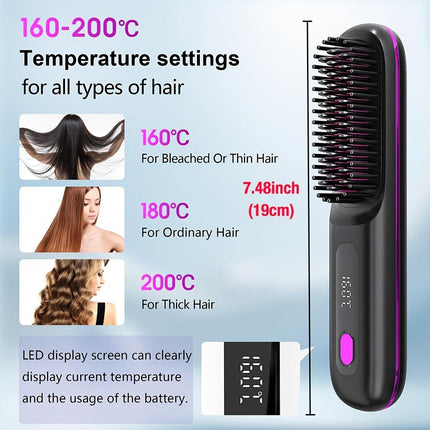 Cordless Hair Straightener Brush: Dual 2000mAh batteries for long-lasting power, fast heating, creates smooth styles anytime, anywhere.(Black).