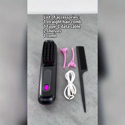 White Cordless Hair Straightener Brush: Dual 2000mAh batteries for long-lasting power, fast heating, creates smooth styles anytime, anywhere..