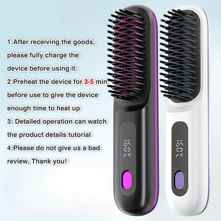 White Cordless Hair Straightener Brush: Dual 2000mAh batteries for long-lasting power, fast heating, creates smooth styles anytime, anywhere..