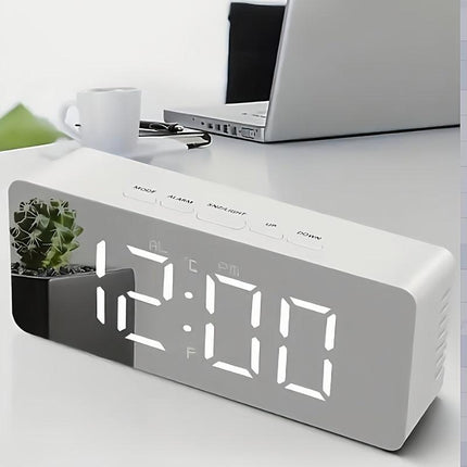 LED Mirror Desk Clock with Snooze Function & Temperature Display Digital Alarm Clock, Large LED Display Mirror Clock with Snooze, Adjustable Brightness, Suitable for Home Bedroom Living Room Office Travel (White).