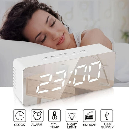 LED Mirror Desk Clock with Snooze Function & Temperature Display Digital Alarm Clock, Large LED Display Mirror Clock with Snooze, Adjustable Brightness, Suitable for Home Bedroom Living Room Office Travel (White).
