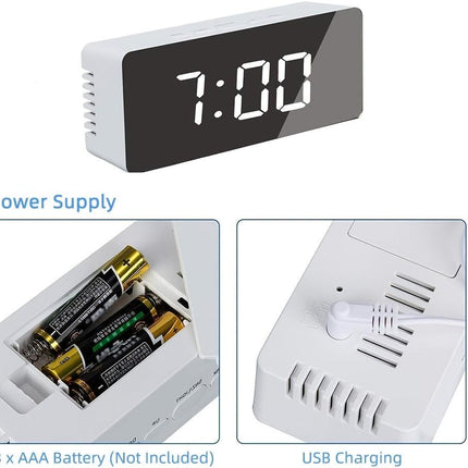 LED Mirror Desk Clock with Snooze Function & Temperature Display Digital Alarm Clock, Large LED Display Mirror Clock with Snooze, Adjustable Brightness, Suitable for Home Bedroom Living Room Office Travel (White).