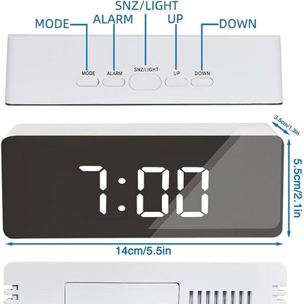 LED Mirror Desk Clock with Snooze Function & Temperature Display Digital Alarm Clock, Large LED Display Mirror Clock with Snooze, Adjustable Brightness, Suitable for Home Bedroom Living Room Office Travel (White).