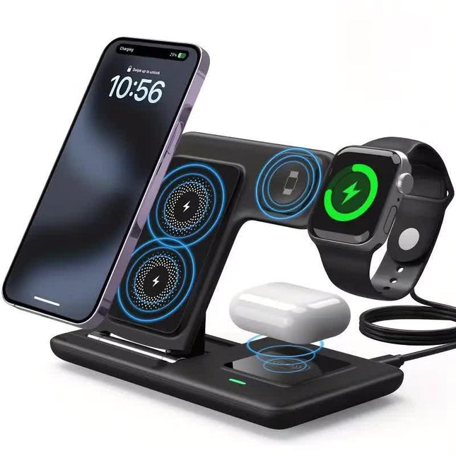 Multi-device 3-in-1 Foldable Wireless Charging Station | iWatch Series 9 8 7 6 SE 5 4 3 2, Ultra Airpods Pro 3 2, iPhone 17/16/15/14/13/12/11 Rapid Charging Stand - Magnetic Connector, USB Power Supply.