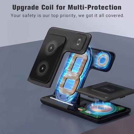 Multi-device 3-in-1 Foldable Wireless Charging Station | iWatch Series 9 8 7 6 SE 5 4 3 2, Ultra Airpods Pro 3 2, iPhone 17/16/15/14/13/12/11 Rapid Charging Stand - Magnetic Connector, USB Power Supply.