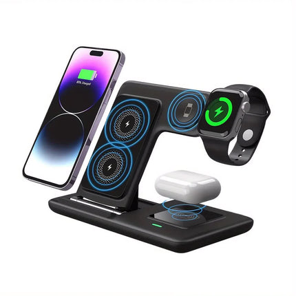Multi-device 3-in-1 Foldable Wireless Charging Station | iWatch Series 9 8 7 6 SE 5 4 3 2, Ultra Airpods Pro 3 2, iPhone 17/16/15/14/13/12/11 Rapid Charging Stand - Magnetic Connector, USB Power Supply.