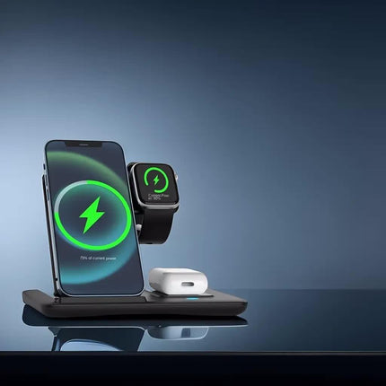 Multi-device 3-in-1 Foldable Wireless Charging Station | iWatch Series 9 8 7 6 SE 5 4 3 2, Ultra Airpods Pro 3 2, iPhone 17/16/15/14/13/12/11 Rapid Charging Stand - Magnetic Connector, USB Power Supply.