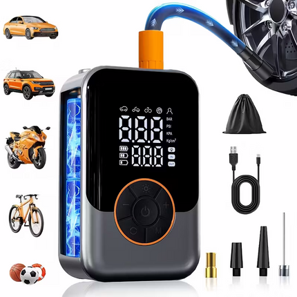 Portable wireless air compressor tire inflation pump - Equipped with digital pressure gauge, emergency LED light, 4x fast cordless design; built-in rechargeable battery; digital display tire inflation pump Suitable for car, motorcycle, bicycle tires and s.