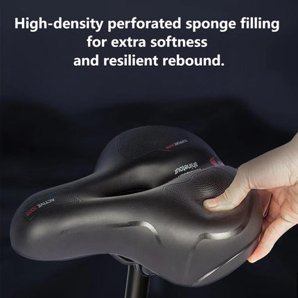 Wide, cushioned, and shock-absorbing bike saddle with memory foam and waterproof design – ensures ultimate comfort and support for every ride, whether on MTB, road, or indoor exercise bikes..