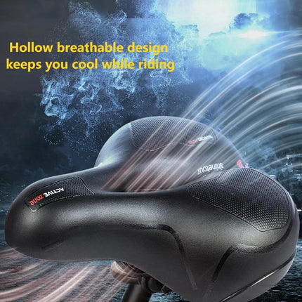 Wide, cushioned, and shock-absorbing bike saddle with memory foam and waterproof design – ensures ultimate comfort and support for every ride, whether on MTB, road, or indoor exercise bikes..