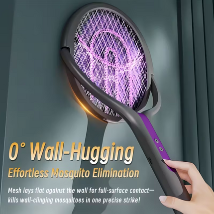 2-in-1 foldable and extendable electric mosquito swatter and purple insect lamp rechargeable fly swatter - USB-powered extendable pole, suitable for indoor, office, backyard, camping - portable mosquito killer, modern aesthetics, durable structure.