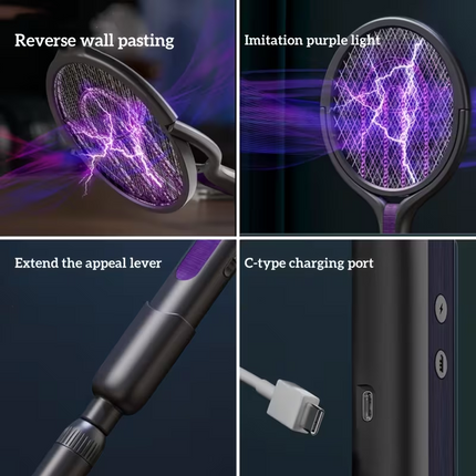 2-in-1 foldable and extendable electric mosquito swatter and purple insect lamp rechargeable fly swatter - USB-powered extendable pole, suitable for indoor, office, backyard, camping - portable mosquito killer, modern aesthetics, durable structure.