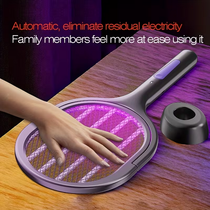 2-in-1 foldable and extendable electric mosquito swatter and purple insect lamp rechargeable fly swatter - USB-powered extendable pole, suitable for indoor, office, backyard, camping - portable mosquito killer, modern aesthetics, durable structure.