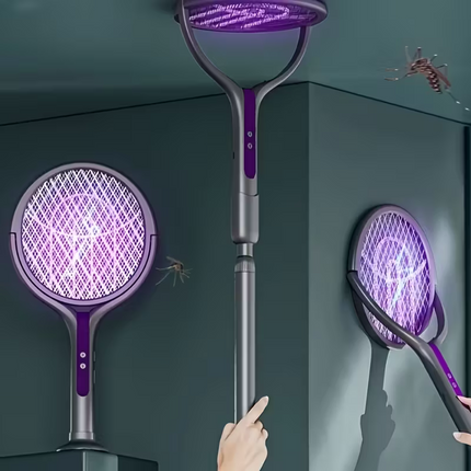 2-in-1 foldable and extendable electric mosquito swatter and purple insect lamp rechargeable fly swatter - USB-powered extendable pole, suitable for indoor, office, backyard, camping - portable mosquito killer, modern aesthetics, durable structure.