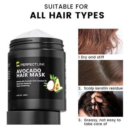 250ml Avocado & Coconut Oil Nourishing Hair Mask: Deeply moisturizing and nourishing, radiating natural radiance, smooth and non-frizzy.