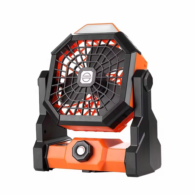 A portable outdoor camping fan with adjustable brightness, LED light strip hook, USB rechargeable, built-in 7800mAh battery for long battery life, 270° adjustable outdoor cooling fan, stepless speed change, silent, suitable for camping, terraces, pets, an.