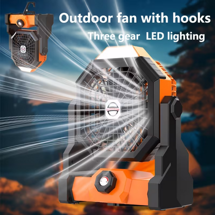 A portable outdoor camping fan with adjustable brightness, LED light strip hook, USB rechargeable, built-in 7800mAh battery for long battery life, 270° adjustable outdoor cooling fan, stepless speed change, silent, suitable for camping, terraces, pets, an.