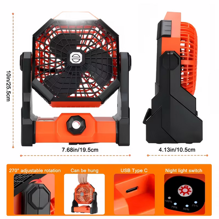 A portable outdoor camping fan with adjustable brightness, LED light strip hook, USB rechargeable, built-in 7800mAh battery for long battery life, 270° adjustable outdoor cooling fan, stepless speed change, silent, suitable for camping, terraces, pets, an.