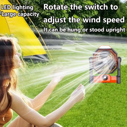 A portable outdoor camping fan with adjustable brightness, LED light strip hook, USB rechargeable, built-in 7800mAh battery for long battery life, 270° adjustable outdoor cooling fan, stepless speed change, silent, suitable for camping, terraces, pets, an.