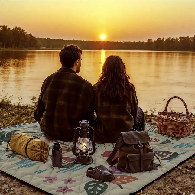 Extra-large 198.12x198.12 cm foldable picnic mat with portable rope. Soft padding design, floral and fruit prints, durable polyester material, perfect for beaches, parks, camping and travel - hand wash only, embossed PU-coated Oxford fabric..