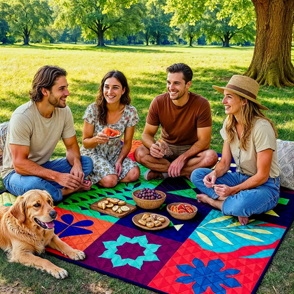Extra-large 198.12x198.12 cm foldable picnic mat with portable rope. Soft padding design, floral and fruit prints, durable polyester material, perfect for beaches, parks, camping and travel - hand wash only, embossed PU-coated Oxford fabric..