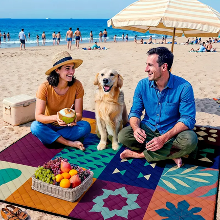 Extra-large 198.12x198.12 cm foldable picnic mat with portable rope. Soft padding design, floral and fruit prints, durable polyester material, perfect for beaches, parks, camping and travel - hand wash only, embossed PU-coated Oxford fabric..
