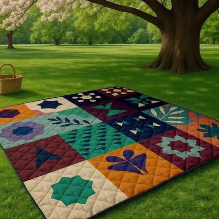 Extra-large 198.12x198.12 cm foldable picnic mat with portable rope. Soft padding design, floral and fruit prints, durable polyester material, perfect for beaches, parks, camping and travel - hand wash only, embossed PU-coated Oxford fabric..