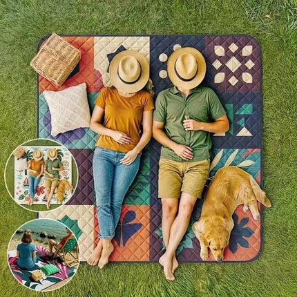 Extra-large 198.12x198.12 cm foldable picnic mat with portable rope. Soft padding design, floral and fruit prints, durable polyester material, perfect for beaches, parks, camping and travel - hand wash only, embossed PU-coated Oxford fabric..