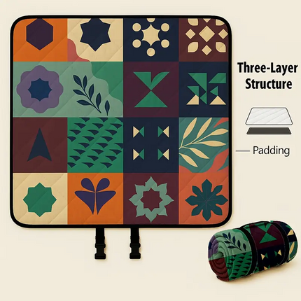 Extra-large 198.12x198.12 cm foldable picnic mat with portable rope. Soft padding design, floral and fruit prints, durable polyester material, perfect for beaches, parks, camping and travel - hand wash only, embossed PU-coated Oxford fabric..