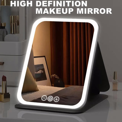 LED folding makeup mirror with light, portable travel beauty mirror with light, three-color adjustable light, touch screen, rechargeable.