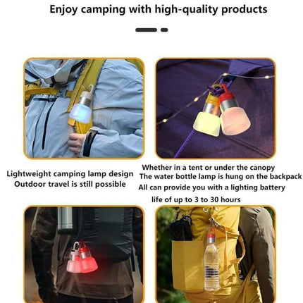 Two random color (green - yellow - white - red) outdoor camping lights, convenient for hiking, multi-scenario water bottle lights, ambient lights, suspended hanging lights with focused light.