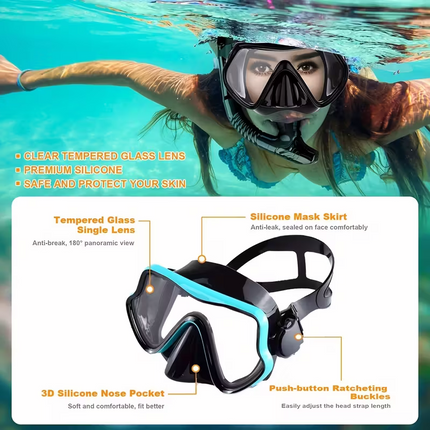 Snorkeling mask breathing tube set, large frame silicone mask, leak-proof and anti-fog snorkeling mask, swimming goggles for men and women.