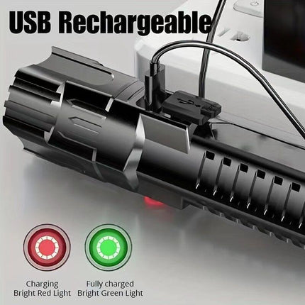 1 USB rechargeable flashlight, ultra-bright LED handheld outdoor emergency light, with telescopic zoom, wide beam, 1800mAh lithium battery, 150 lumens, suitable for camping, hiking, exploration and daily use, camping flashlight.