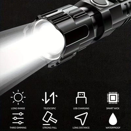 1 USB rechargeable flashlight, ultra-bright LED handheld outdoor emergency light, with telescopic zoom, wide beam, 1800mAh lithium battery, 150 lumens, suitable for camping, hiking, exploration and daily use, camping flashlight.