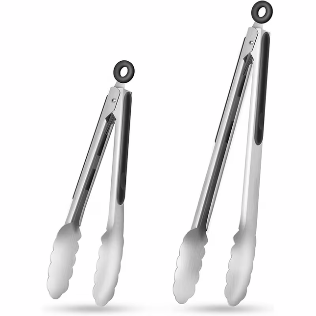 Stainless steel kitchen tongs set (2 pieces), silicone anti-slip handle, lockable barbecue food tongs, 22.86cm & 30.48cm, barbecue cooking tools.