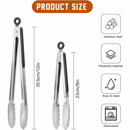 Stainless steel kitchen tongs set (2 pieces), silicone anti-slip handle, lockable barbecue food tongs, 22.86cm & 30.48cm, barbecue cooking tools.