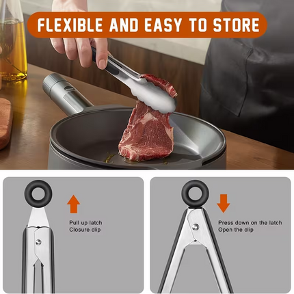 Stainless steel kitchen tongs set (2 pieces), silicone anti-slip handle, lockable barbecue food tongs, 22.86cm & 30.48cm, barbecue cooking tools.