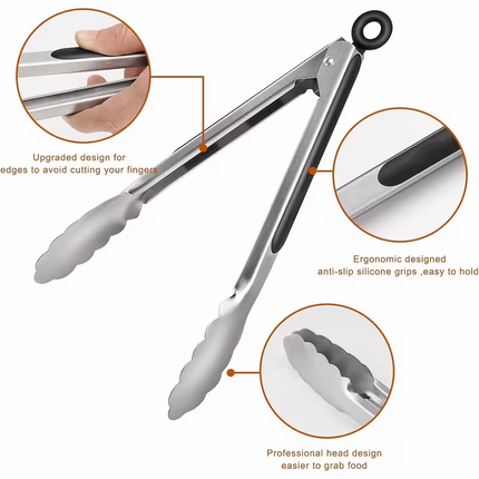 Stainless steel kitchen tongs set (2 pieces), silicone anti-slip handle, lockable barbecue food tongs, 22.86cm & 30.48cm, barbecue cooking tools.