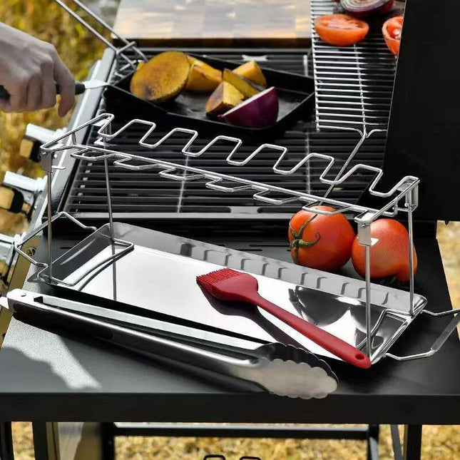 Stainless steel chicken leg and wing rack three-piece set: Foldable standing grill + baking tray + cleaning brush. Suitable for barbecues, smoking, and ovens. Ideal choice for picnics and camping.