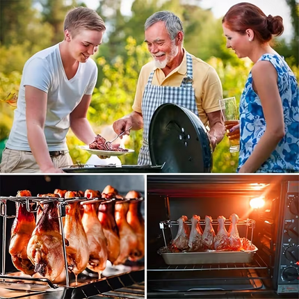 Stainless steel chicken leg and wing rack three-piece set: Foldable standing grill + baking tray + cleaning brush. Suitable for barbecues, smoking, and ovens. Ideal choice for picnics and camping.