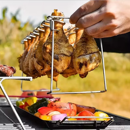 Stainless steel chicken leg and wing rack three-piece set: Foldable standing grill + baking tray + cleaning brush. Suitable for barbecues, smoking, and ovens. Ideal choice for picnics and camping.