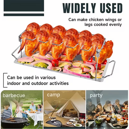 Stainless steel chicken leg and wing rack three-piece set: Foldable standing grill + baking tray + cleaning brush. Suitable for barbecues, smoking, and ovens. Ideal choice for picnics and camping.
