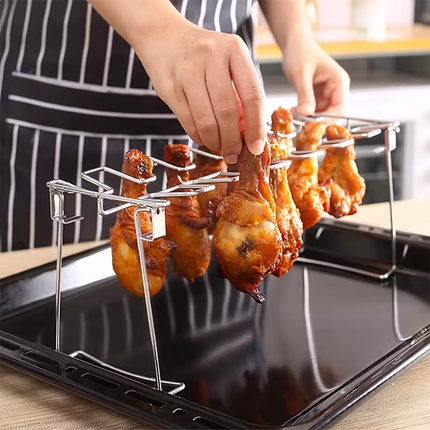 Stainless steel chicken leg and wing rack three-piece set: Foldable standing grill + baking tray + cleaning brush. Suitable for barbecues, smoking, and ovens. Ideal choice for picnics and camping.
