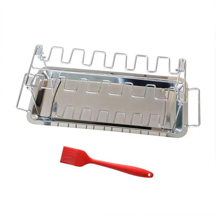 Stainless steel chicken leg and wing rack three-piece set: Foldable standing grill + baking tray + cleaning brush. Suitable for barbecues, smoking, and ovens. Ideal choice for picnics and camping.