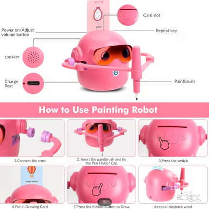 Smart Children's Drawing Robot, an automatic drawing robot toy and interactive educational painting machine. This intelligent robot is a fun educational toy, equipped with 100 cards, suitable for boys and girls aged 3 and above. It makes a perfect gift fo.